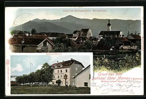 AK Murnau a. Staffelsee, Bahnhof Hotel, Totalansicht mit Herzogstand und Heimgarten