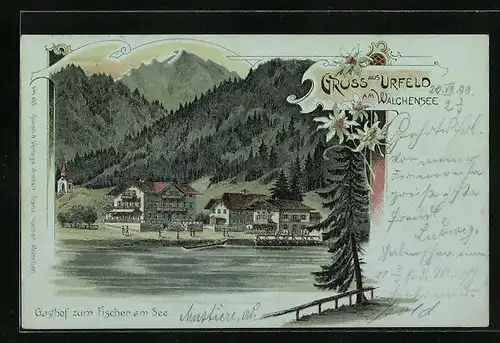 Lithographie Urfeld am Walchensee, Gasthof zum Fischer am See