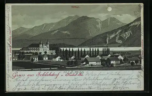 Mondschein-Lithographie Schlehdorf a. Kochel-See, Totalansicht