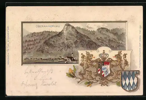 Passepartout-Lithographie Oberammergau, Wappen