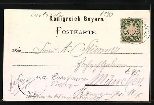 Lithographie Wolfratshausen, Ortspartie mit Kirche