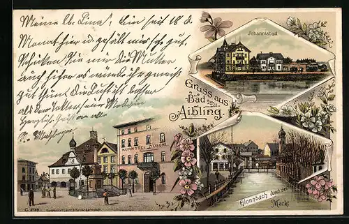 Lithographie Bad Aibling, Kurhotel Duschl, Johannisbad, Glonnbach durch den Markt