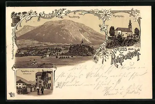 Lithographie Ruhpolding, Ortsansicht, Rauschberg, Pfarrkirche