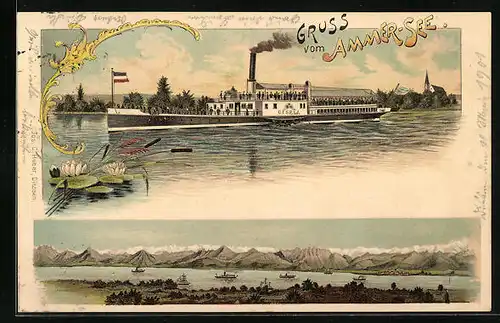 Lithographie Ammersee, Dampfer Gisela mit Fahne