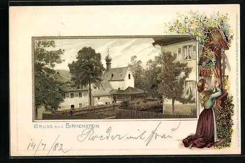 Passepartout-Lithographie Birkenstein, Ortspartie mit Kirche, Mädchen am Wegkreuz