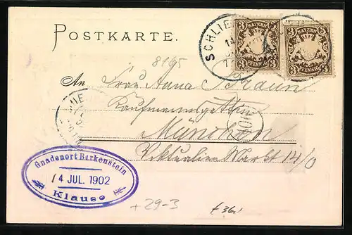 Passepartout-Lithographie Birkenstein, Ortspartie mit Kirche, Mädchen am Wegkreuz