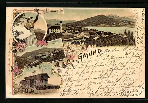 Lithographie Gmund /Tegernsee, Das Neureuthaus, Hirschberghaus, Frau in Tracht