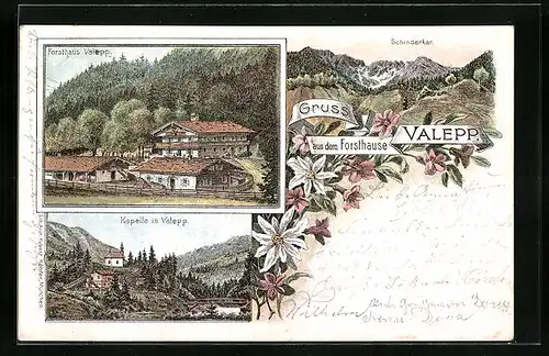 Lithographie Valepp, Forsthaus, Kapelle, Schinderkar