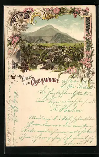 Lithographie Oberaudorf, Ortspartie aus der Vogelschau