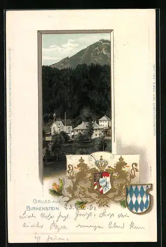 Passepartout-Lithographie Birkenstein, Ortspartie mit Kirche, Goldenes Wappen