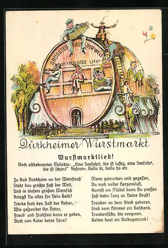 Künstler-AK Dürkheim, Grösstes Fass der Welt, Wurstmarktlied