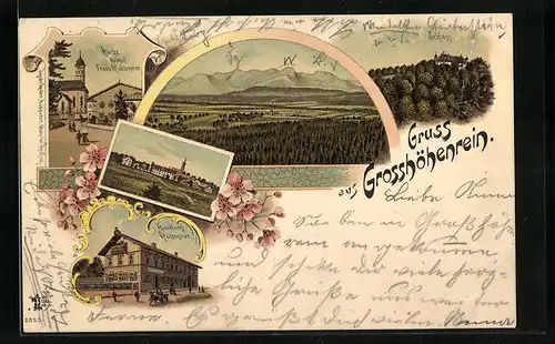 Lithographie Grosshöhenrain, Handlung Katzmeier, Gasthof Katzmeier und Kirche