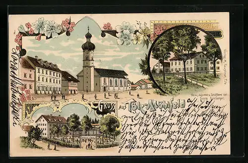 Lithographie Tölz-Mühlfeld, Gasthaus von Gregor Zantl, Badegelegenheit Georg Frimberger