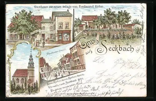 Lithographie Seckbach, Gasthaus zur neuen Anlage von Ferdinand Kühn, Frankfurter Strasse