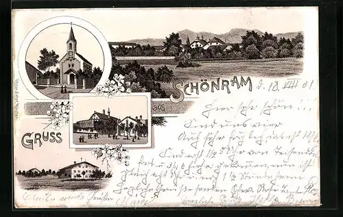 Lithographie Schönram, Kirche, Ortspartie, Teilansicht der Ortschaft