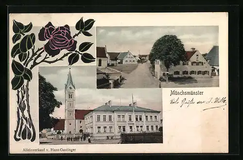 Künstler-AK Münchsmünster, Ortspartie, Kirche hinter grossem Haus, Rose