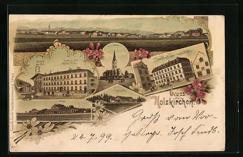 Lithographie Holzkirchen, Gasthäuser Alte Post und Häusl-Bräu, Gasthof zur neuen Post, Bahnhof, Panorama