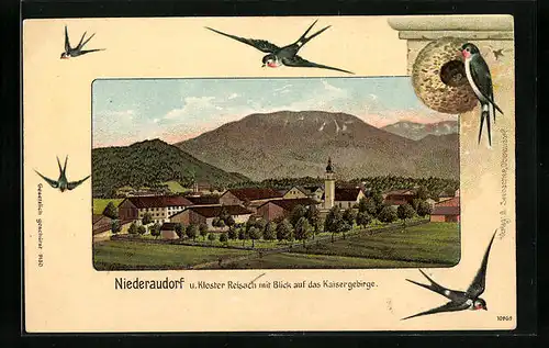 Lithographie Niederaudorf, Ortsansicht mit Kloster Reisach mit Kaisergebirge, Fliegende Schwalben und Schwalbe am Nest