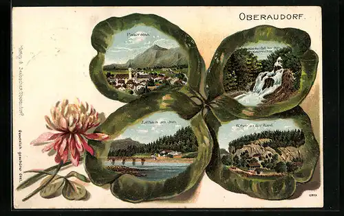 Passepartout-Lithographie Oberaudorf, Panorama, Zollhaus am Inn, Wasserfall und Weber an der Wand im Kleeblatt