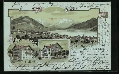 Lithographie Schliersee, Ortsansicht mit Bergen, Gasthof zur Seerose und Dependence