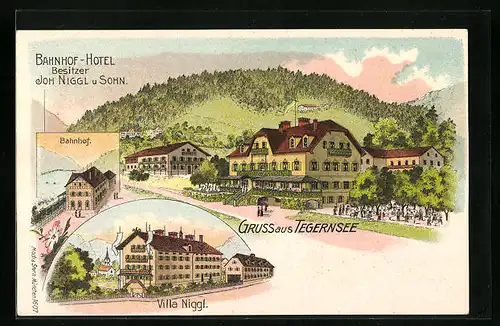 Lithographie Tegernsee, Bahnhof-Hotel mit Umgebung, Villa Niggl