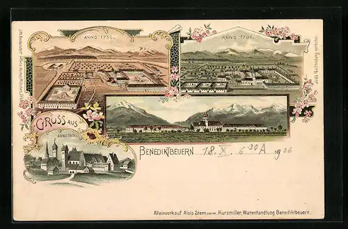 Lithographie Benediktbeuern, Ortsansicht Anno 1650, 1750 und 1701, Panorama mit Alpengipfeln