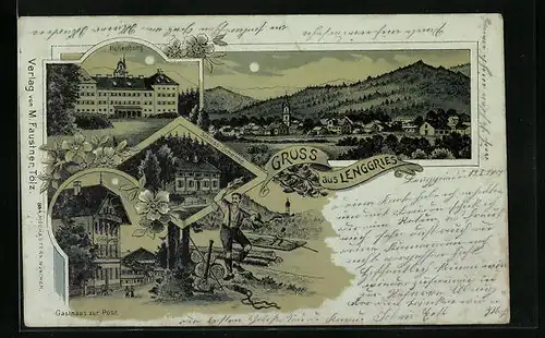 Mondschein-AK Lenggries, Ortsansicht, Gasthaus zur Post, Hohenburg, Gasthaus Schloss-Schenke, Flösser