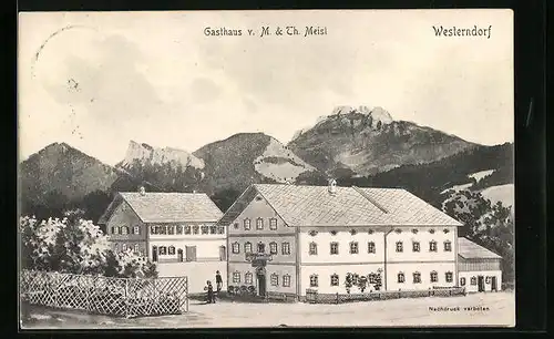Künstler-AK sign. Hans Pernat: Westerndorf, Gasthaus von M & Th. Meisl mit Bergpanorama