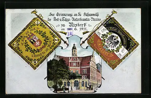 Künstler-AK Rixdorf, Fahnenweihe des Post- u- Telegr.-Unterbeamten-Vereins 1911 - Fahnen, Gebäude