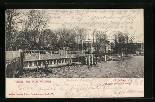 AK Berlin-Rummelsburg, Cafe Bellevue von Fritz Walterstein mit Terrasse am Wasser