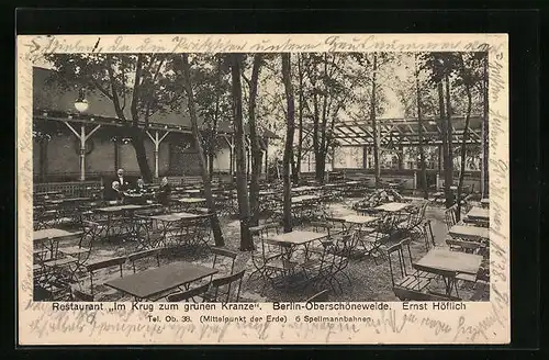 AK Berlin-Oberschöneweide, Restaurant Im Krug zum grünen Kranze an der Wuhlheide, Ecke Kaiserstrasse - Gartenansicht