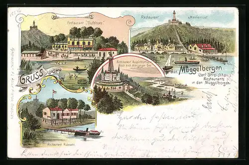 Lithographie Berlin-Köpenick, Carl Streichhans Restaurants Marienlust, Teufelssee, Aussichtsturm und Rübezahl