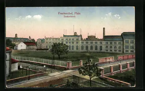 AK Frankenthal /Pf., Zuckerfabrik mit Strasse aus der Vogelschau
