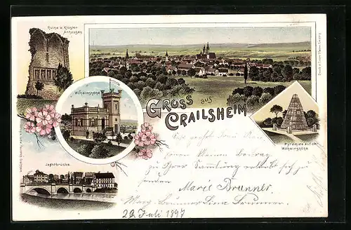Lithographie Crailsheim, Jagstbrücke, Wilhelmshöhe, Ruine Kloster Anhausen, Ortsansicht aus der Vogelschau