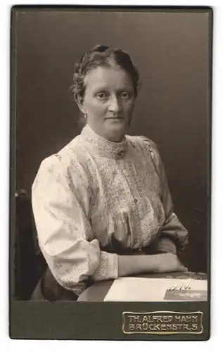 Fotografie Th. Alfred Hahn, Chemnitz, Brückenstr. 5, Bürgerliche Dame in hübscher Bluse