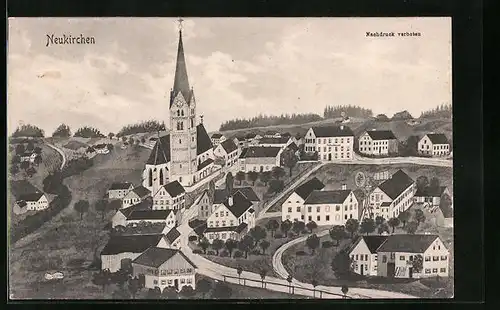 Künstler-AK sign. Hans Pernat: Neukirchen, Kirche aus der Vogelschau