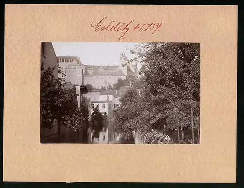 Fotografie Brück & Sohn Meissen, Ansicht Colditz, Muldenpartie mit Blick zum Schloss