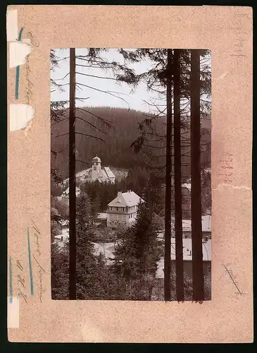 Fotografie Brück & Sohn Meissen, Ansicht Kipsdorf, Blick auf die Schule mit Kirche vom Wald aus gesehen