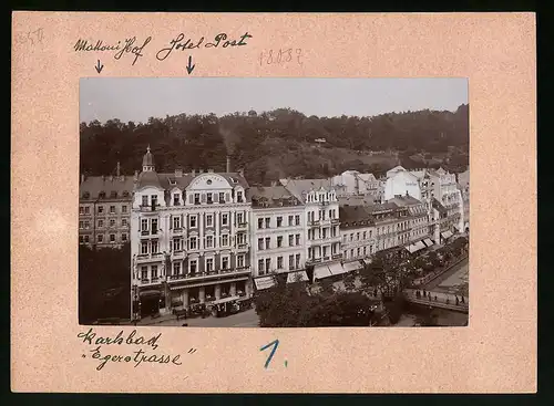 Fotografie Brück & Sohn Meissen, Ansicht Karlsbad, Egerstrasse mit Hotels Post, Wiedersehen, Bayrischer Hof, Pferdebahn