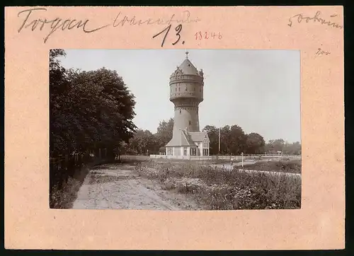 Fotografie Brück & Sohn Meissen, Ansicht Torgau a. Elbe, Blick auf den Wasserturm, Rückseite mit Ansichtskarte