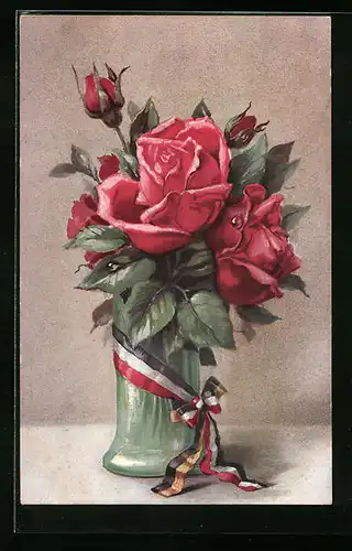 AK Rote Rosen in einer Vase mit Fahnenband