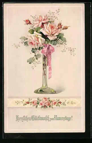 AK Rosen in einer Vase, Glückwunsch zum Namenstag