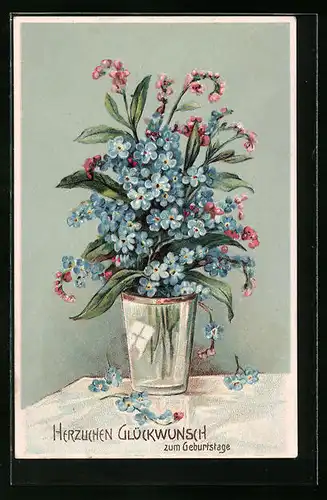 Präge-AK Vergissmeinnicht in einer Vase, Geburtstagsgruss
