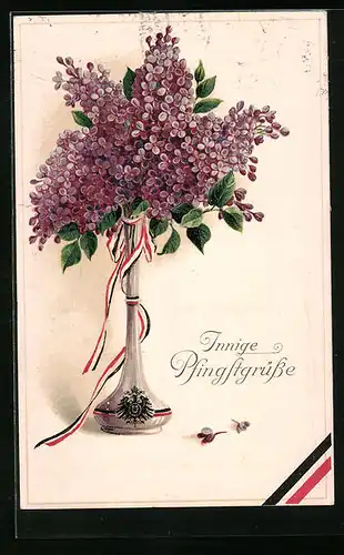 AK Blumen in einer Vase mit Fahnenband, Pfingsgruss
