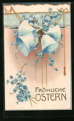 Künstler-AK Fröhliche Ostern, Glocken mit Vergissmeinnicht