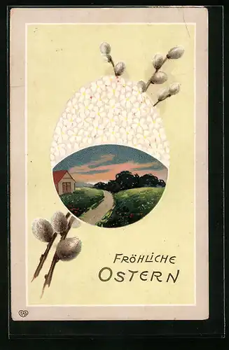 Künstler-AK Fröhliche Ostern, Osterei mit Palmkätzchen