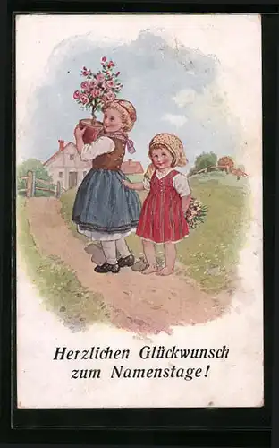 Künstler-AK Glückwünsche zum Namenstag, Kinder mit Rosenstämmchen