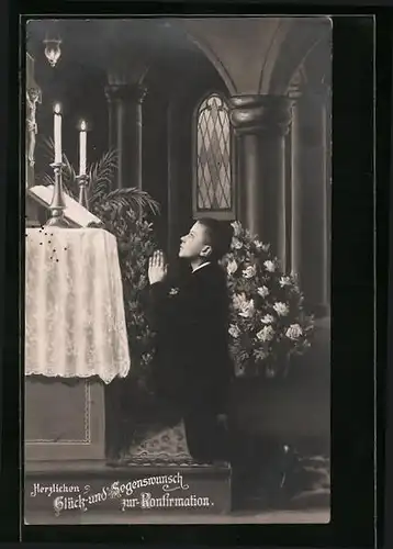 AK Glückwünsche zur Konfirmation, Junge beim Beten in der Kirche