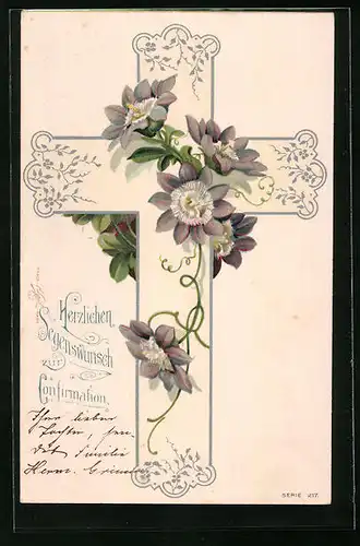Lithographie Glückwünsche zur Konfirmation, Blumen mit Kreuz
