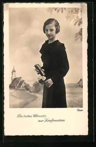 AK Glückwünsche zur Konfirmation, Mädchen mit Blumenbouquet